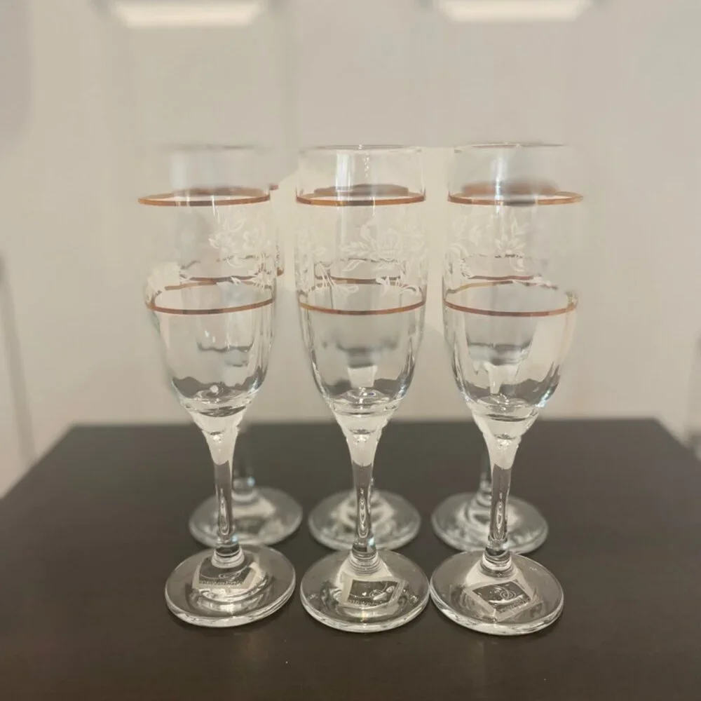CICLE WARE SET OF 6‎ CHAMPAGNE FLUTES DUTCHES GOLD RIM FLORAL MADE IN TURKEY
